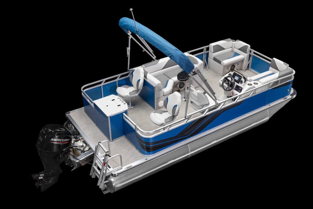 A blue and white Venture Rear Fish pontoon boat with a canopy, seating areas, and a steering console. The boat has a black Mercury outboard motor and metallic railings. The image is captured against a black background.