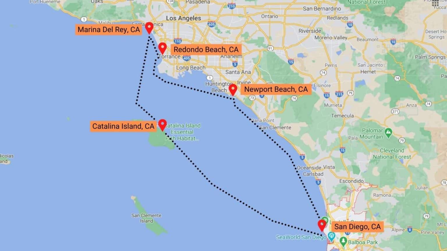 A map of Southern California displays a sailing route marked with a dashed line connecting five locations: Marina Del Rey, Redondo Beach, Newport Beach, Catalina Island, and San Diego. Each location is marked with a red map pin.