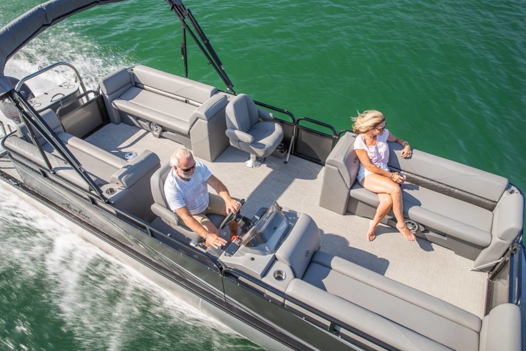 Aerial perspective of Avalon Venture Quad Lounge on the water