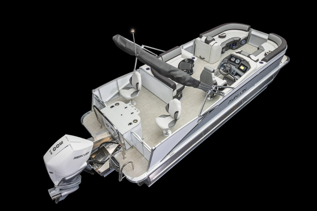 An overhead view of a sleek pontoon boat with a Mercury outboard motor, several cushioned seats, a steering console with various controls, and a black canopy. The boat has a light-colored deck and appears ready for leisure activities on the water.