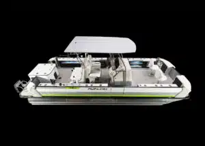 A pontoon boat with a white canopy and white seats, featuring a steering console and a central walkway. The boat's exterior has a sleek design with green accents and the brand name "Avalon" visible on the side. The image has a black background.