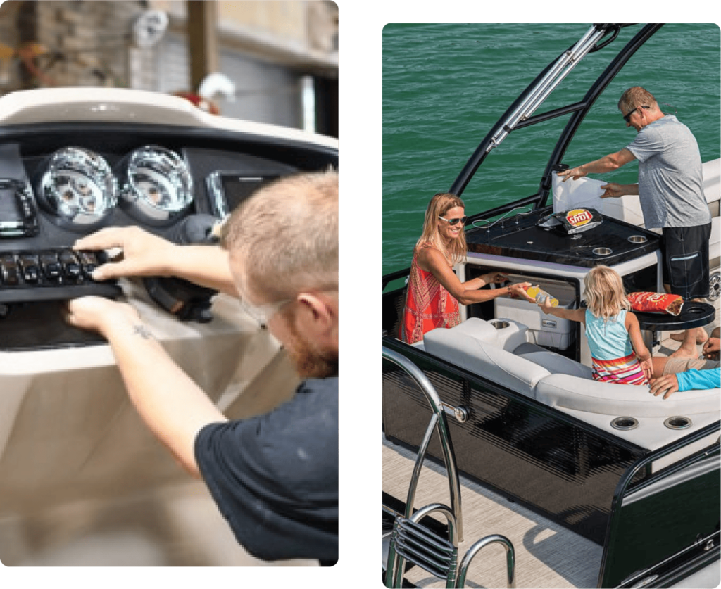 On the left, a person operates the boat controls. On the right, a family enjoys a ride on their pontoon, with a woman and two children seated and a man standing, distributing snacks or beverages from a cooler. The boat is on a body of water under a bright, sunny sky.