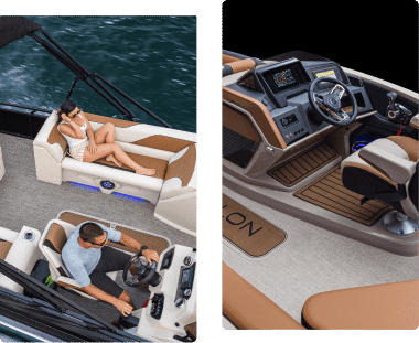 The image is divided into two parts. The left shows a woman sitting on a pontoon boat's cushioned seats, relaxing with her legs crossed, and a man operating the boat's steering. The right part provides a close-up view of the boat's dashboard and control panel.