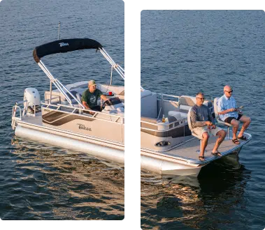 An Avalon Pontoons Boat in the middle of the sea while elders are fishing