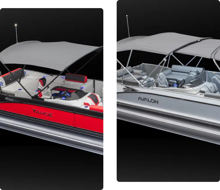 Two pictures of an Avalon Pontoons Boat; Yahoe and Avalon Models