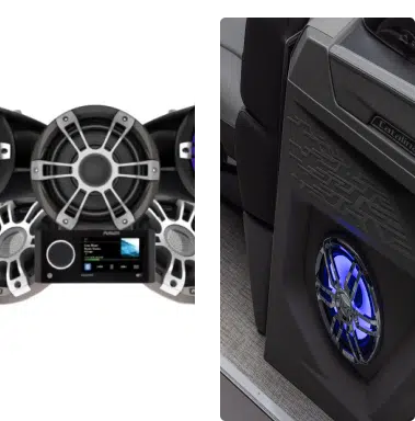 Two pictures of an Avalon Pontoons boat speakers