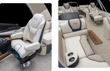 Two picture of an Avalon Pontoons seat with a combination shade of white, gray, and brown