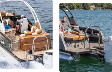 Two pictures of Avalon Pontoons boat in the shade of khaki and brown