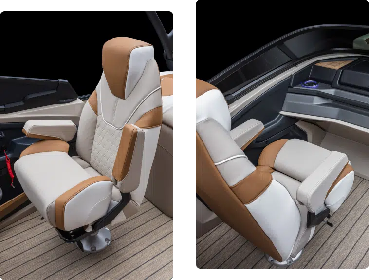 The image displays two views of a luxurious chair in a boat's cockpit, reminiscent of high-end pontoon seats. The chair has a high backrest, armrests, and features a white and brown color scheme with a quilted pattern on the seat and back. The floor has elegant wooden panels.