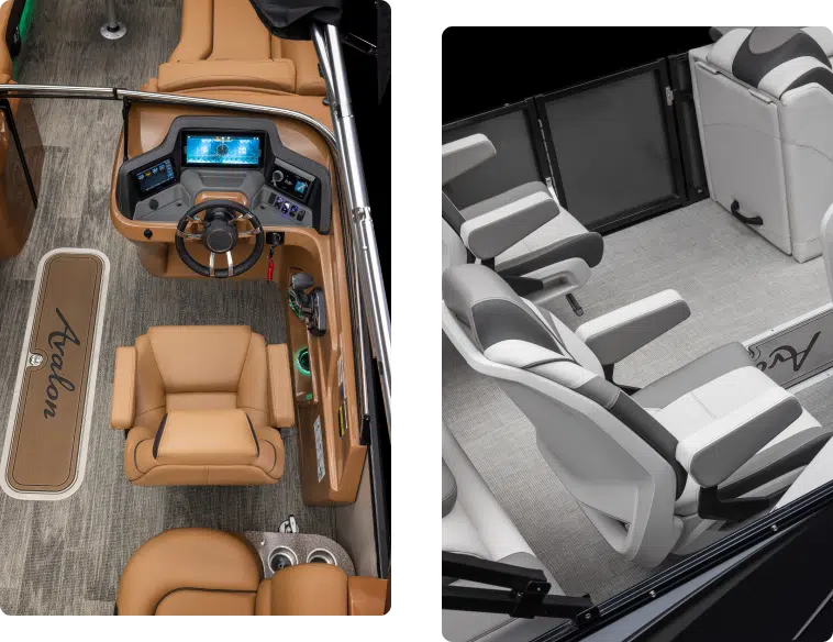 On the left is a boat's helm featuring a brown leather captain's chair, steering wheel, and a touchscreen display on wooden paneling. On the right is a seating area with white and gray trimmed pontoon seats arranged on a light gray floor.