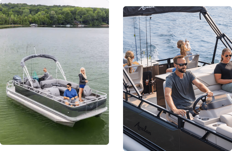 Left image: A group of four people stand and sit on a fishing pontoon boat with a canopy, floating on a calm lake near a forested shore. Right image: A man steers the fishing pontoon boat while three passengers, including two children, sit and relax, with fishing rods in the background.