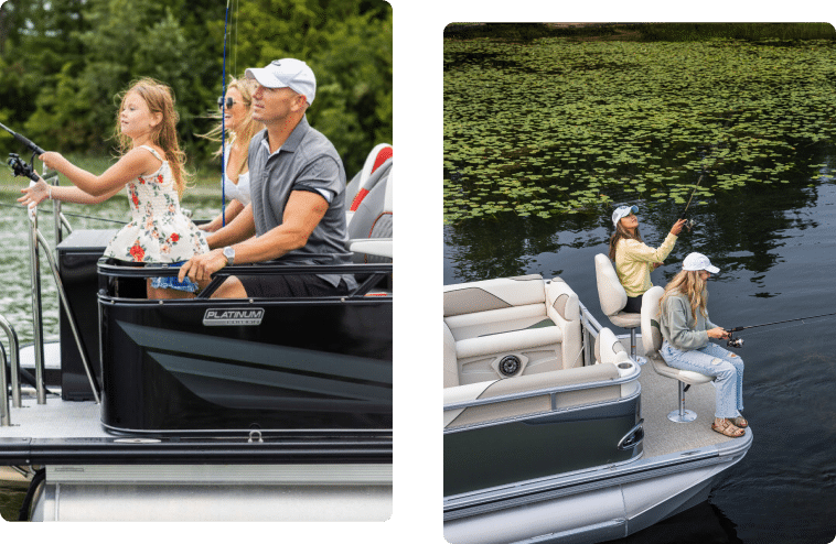 Two images of people fishing on a boat. The first image shows a man and a young girl fishing off a black boat. The second image showcases three women on a white fishing pontoon boat, sitting and standing while casting their lines near water lilies.