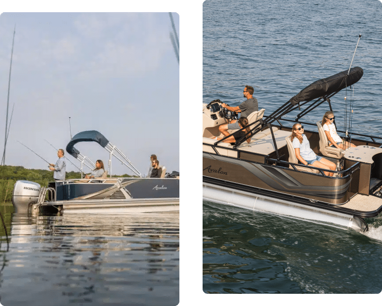 Two images of people enjoying boating on fishing pontoon boats. The left image shows a group of people fishing on a pontoon boat with a navy canopy. The right image shows three people on a pontoon boat, two sitting at the bow, and one steering the boat, with calm waters in the background.