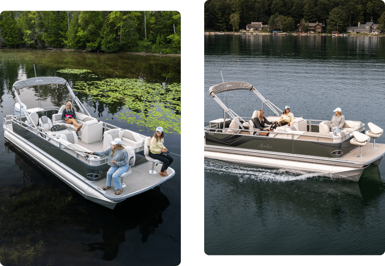 Two images of people enjoying fishing pontoon boats on a lake. The left image shows three people sitting on a stationary boat near the shore with greenery in the background. The right image shows four people on a boat cruising on calm water, with a forested shoreline in the background.