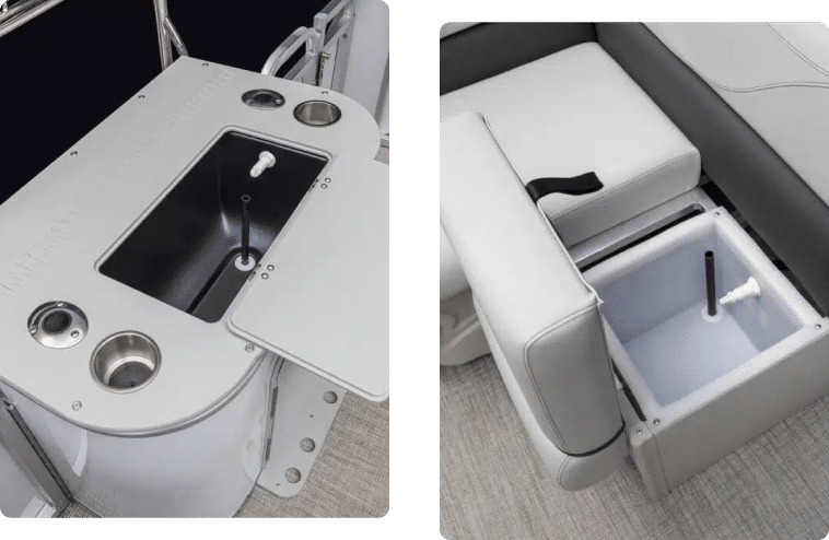 Dual-panel image showcasing sections of a fishing pontoon boat. The left panel displays a built-in sink with faucet, cup holders, and storage compartment. The right panel shows an under-seat storage space with a removable bin and handle for easy lifting. Both surfaces are light grey.