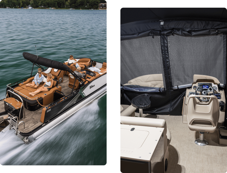 A composite image shows two scenes: on the left, a group of people relax on a luxury motorboat in clear blue water; on the right, the interior of a covered boat with pontoon boat covers features a sophisticated control panel and comfortable seating.