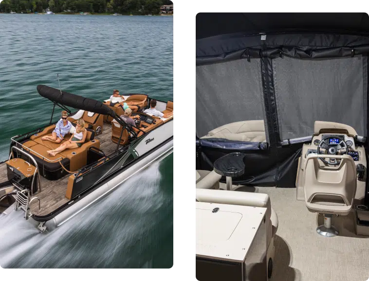 A composite image shows two scenes: on the left, a group of people relax on a luxury motorboat in clear blue water; on the right, the interior of a covered boat with pontoon boat covers features a sophisticated control panel and comfortable seating.