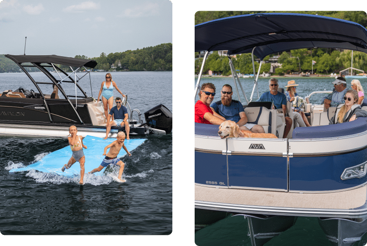 Two side-by-side images of people enjoying boating on a lake. The left image shows a group having fun on a floating mat beside a speedboat. The right image features another group, including a dog, lounging on a pontoon boat under its canopy, shielded by sturdy pontoon boat covers as they share smiles and conversation.