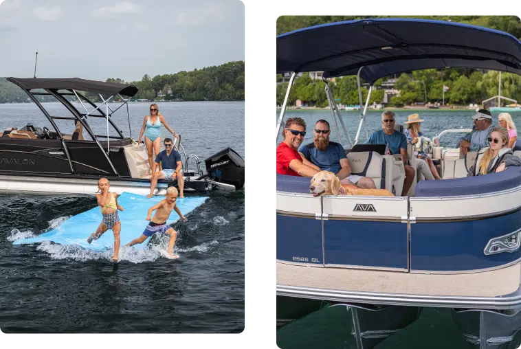 Two side-by-side images of people enjoying boating on a lake. The left image shows a group having fun on a floating mat beside a speedboat. The right image features another group, including a dog, lounging on a pontoon boat under its canopy, shielded by sturdy pontoon boat covers as they share smiles and conversation.