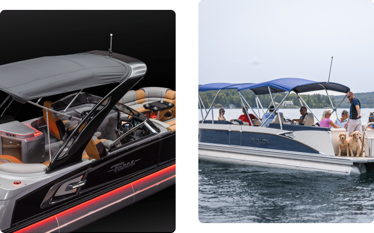 The image shows two different pontoon boats. The left side features a luxury pontoon boat with a sleek, modern design shown in a studio setting. The right side displays a pontoon boat in use on a lake with a blue canopy, people, and dogs onboard, showcasing effective pontoon boat covers.