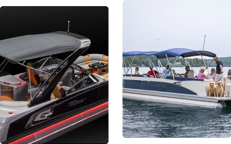 The image shows two different pontoon boats. The left side features a luxury pontoon boat with a sleek, modern design shown in a studio setting. The right side displays a pontoon boat in use on a lake with a blue canopy, people, and dogs onboard, showcasing effective pontoon boat covers.