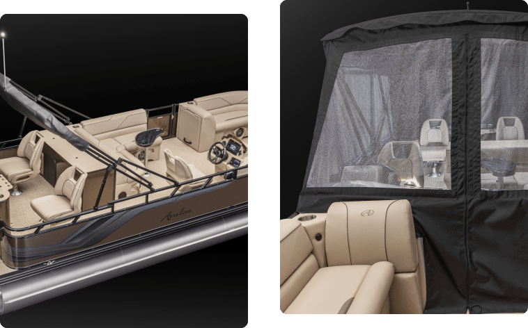 A split image shows a pontoon boat. On the left, the pontoon is uncovered, revealing a beige interior with multiple seats and a steering console. On the right, the boat is protected with one of the durable pontoon boat covers, featuring mesh windows that partially reveal the interior.