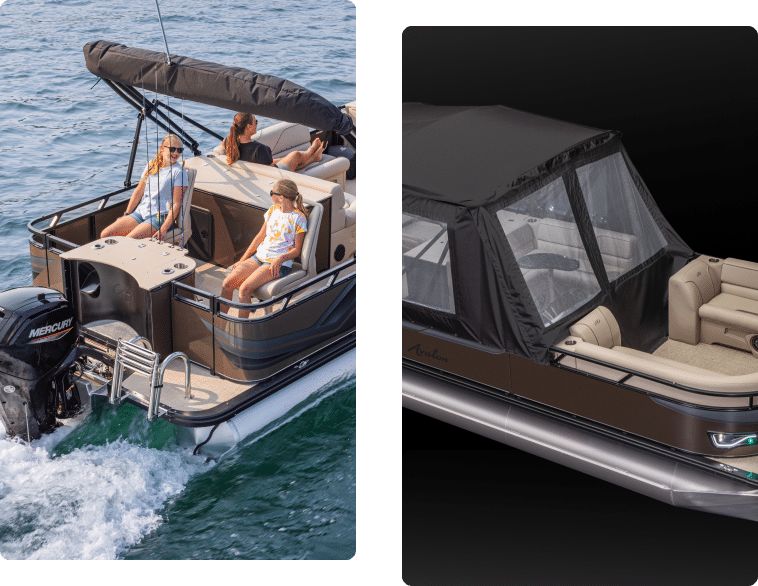 The image has two sections: on the left, a family of three enjoying a sunny boat ride on a pontoon boat; on the right, a view of the same boat with pontoon boat covers shielding it. The water is visible in the left section, while the right section shows a detailed view of the boat’s interior.