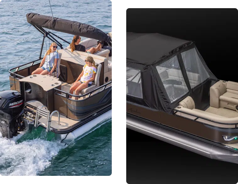 The image has two sections: on the left, a family of three enjoying a sunny boat ride on a pontoon boat; on the right, a view of the same boat with pontoon boat covers shielding it. The water is visible in the left section, while the right section shows a detailed view of the boat’s interior.