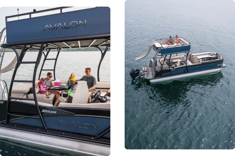 Two images of an Avalon double decker pontoon boat. The left shows a family of five celebrating with party hats and snacks on the boat’s deck. The right shows the boat's side view on water, featuring an upper deck with a slide. People are visible on both decks.