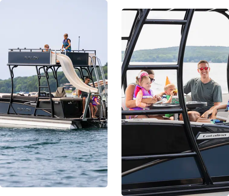Two images of a family on a double decker pontoon boat. The left image shows a child at the top of a boat slide, another standing, and the rest of the family on the boat. The right image features a smiling family seated at a table on the boat, with water and hills in the background.