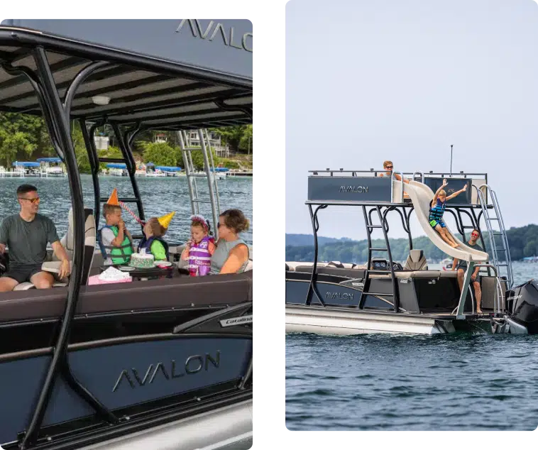 Two images of people on a luxury double decker pontoon boat. The left image shows a family celebration, with children wearing party hats gathered around a table. The right image shows a child sliding off a slide into the water, while others watch from the boat. The boat is branded "Avalon".