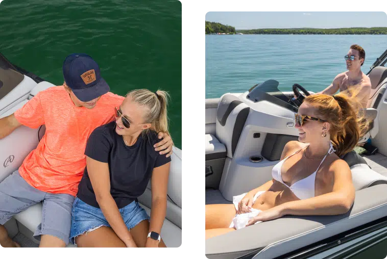 Two images side by side: The left image shows a man in an orange shirt and blue cap with his arm around a woman in a black shirt on a double decker pontoon. The right image shows a man steering the boat, with a woman in a white bikini relaxing in front of him. Both scenes feature calm, greenish-blue water.