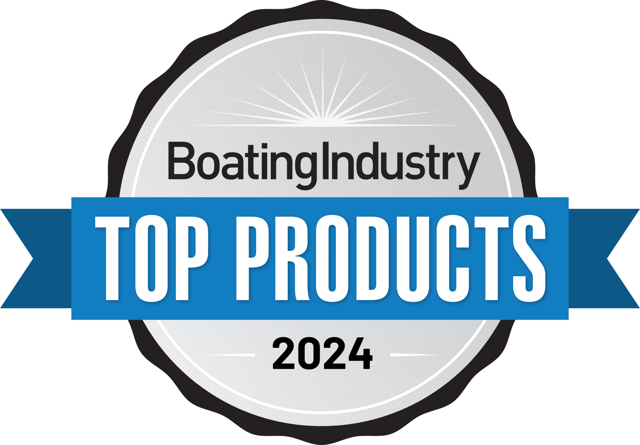 The image is a badge with a gray circular background, a blue banner across the middle, and text that reads "BoatingIndustry TOP PRODUCTS 2024." The badge has a black outer border with a subtle sunburst design at the top.