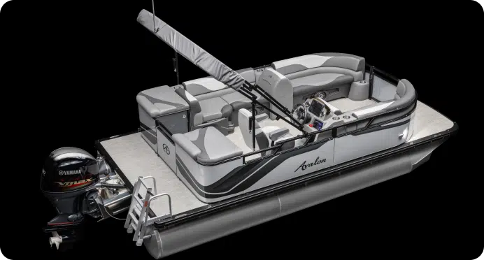 An Avalon Pontoons boat design in the shade of classic white, black, and gray
