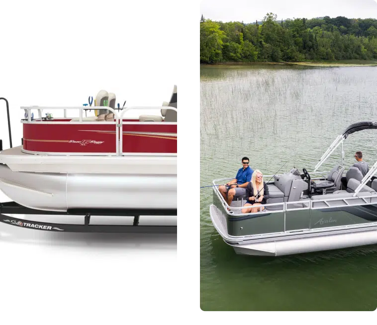 Two images of an Avalon Pontoons Boat Model and a group fishing in a lake