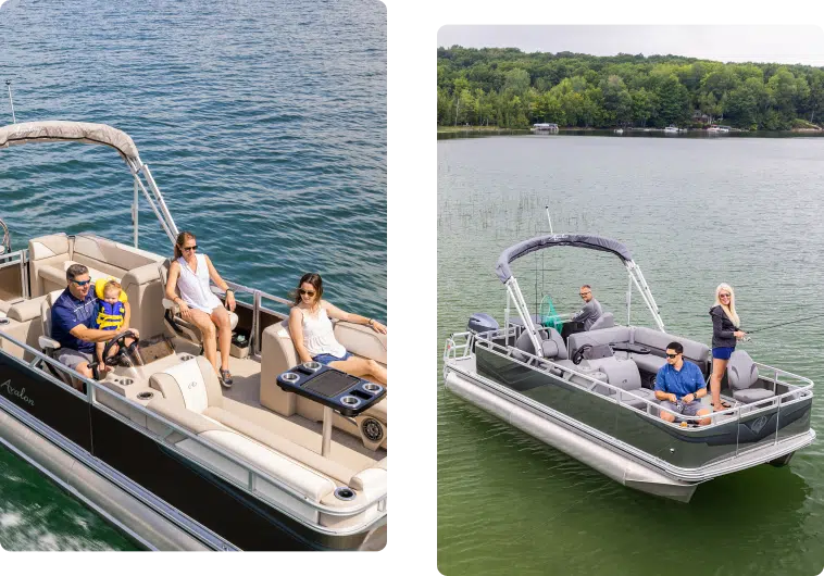 Two images with a family utilizing an Avalon Pontoon boats for leisure and fishing