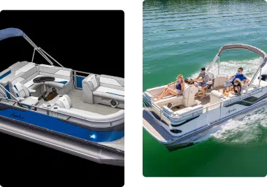 The image shows two views of a pontoon boat. The left side displays the boat docked and empty, highlighting its seating and interior features. The right side shows the boat in motion on the water with three people on board, enjoying the ride on a sunny day—perfect for those seeking small pontoon boats for sale.