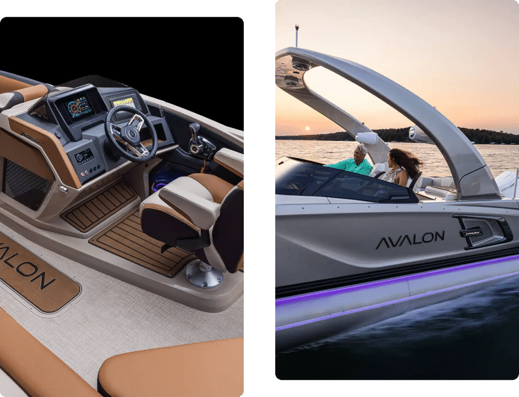 The image shows the interior and exterior of an Avalon boat. The left side displays a detailed view of the driver's seat, control panel, and pontoon accessories inside the boat. The right side shows a couple cruising on the boat at sunset, highlighting its sleek design.