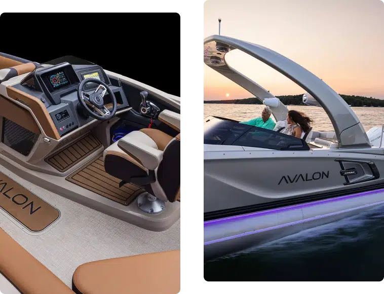 The image shows the interior and exterior of an Avalon boat. The left side displays a detailed view of the driver's seat, control panel, and pontoon accessories inside the boat. The right side shows a couple cruising on the boat at sunset, highlighting its sleek design.