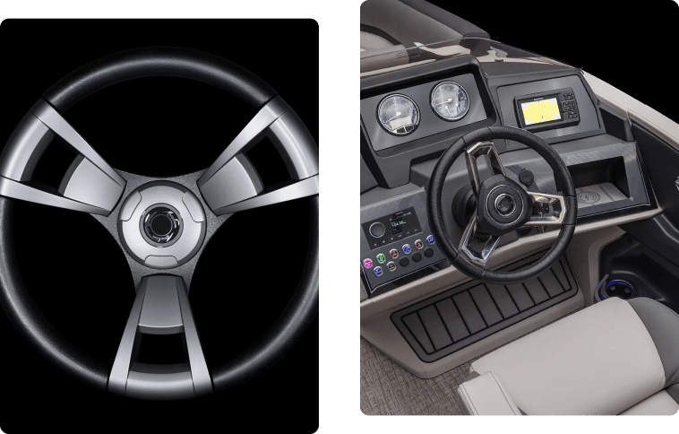 Two images showcasing the steering station of an Avalon Pontoon boat