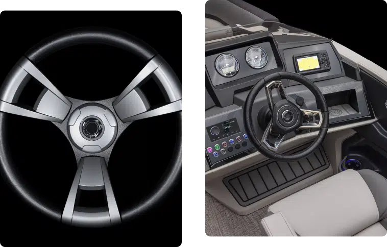 Two images showcasing the steering station of an Avalon Pontoon boat