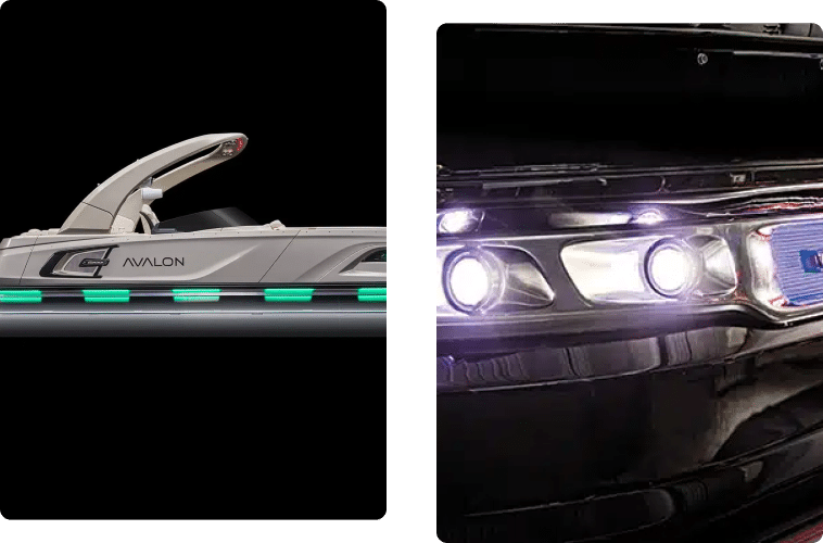 Two images of a Avalon Pontoon boat's lighting on the sides and the front