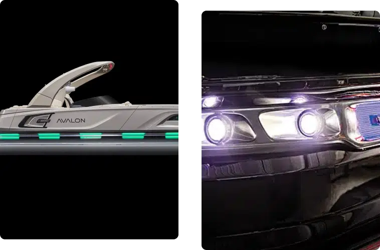 Two images of a Avalon Pontoon boat's lighting on the sides and the front