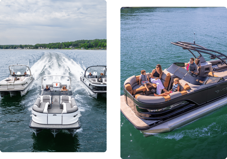 Two images show three Avalon Pontoon boats, each operated by a couple, and one Avalon boat with family