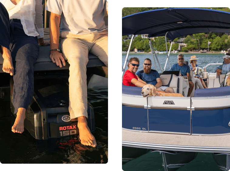 Two images side by side: The left shows three people sitting on a boat's edge with their feet dipped in water. The right image captures a group of people and a dog on one of the best pontoon boats, a blue and white vessel navigating a lake surrounded by trees.