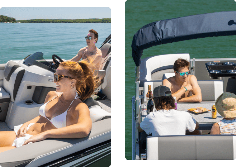 Two photos of people enjoying a sunny day on a boat. Left: A woman in a white bikini and sunglasses lounges by the steering wheel while a man in sunglasses steers. Right: A man in sunglasses leans on a table while others sit around eating and drinking, with pontoons for sale near me in the background.