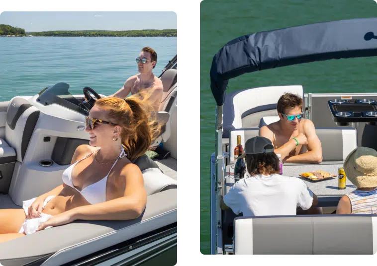 Two photos of people enjoying a sunny day on a boat. Left: A woman in a white bikini and sunglasses lounges by the steering wheel while a man in sunglasses steers. Right: A man in sunglasses leans on a table while others sit around eating and drinking, with pontoons for sale near me in the background.