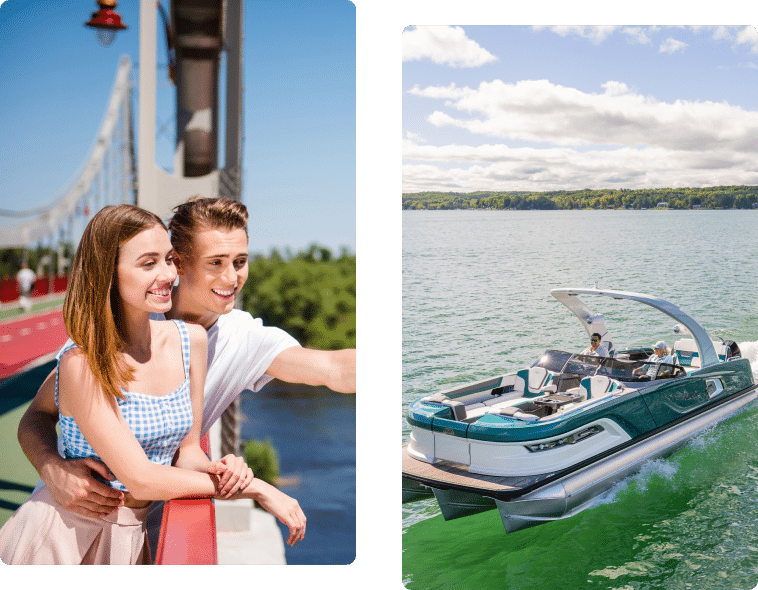 Left side of the image: A couple stands on a bridge smiling, with green trees and water in the background. Right side of the image: A sleek, modern boat cruising on a large body of water under a partly cloudy sky, hinting at the variety found when searching for pontoons for sale near me.