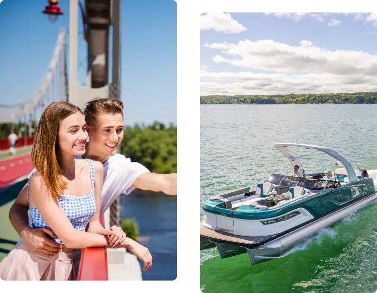 Left side of the image: A couple stands on a bridge smiling, with green trees and water in the background. Right side of the image: A sleek, modern boat cruising on a large body of water under a partly cloudy sky, hinting at the variety found when searching for pontoons for sale near me.