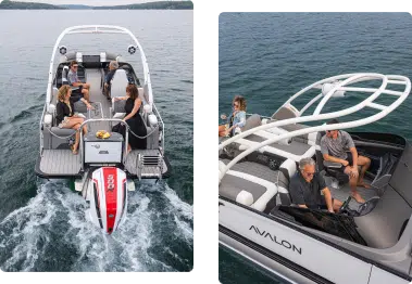 Two images of a pontoon boat on a lake. The left image shows six people socializing on the pontoons with a red and white outboard motor. The right image offers a closer view of two people at the boat's cockpit, where 'Avalon' branding is visible.